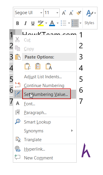 Thao tác chọn Set Numbering Value
