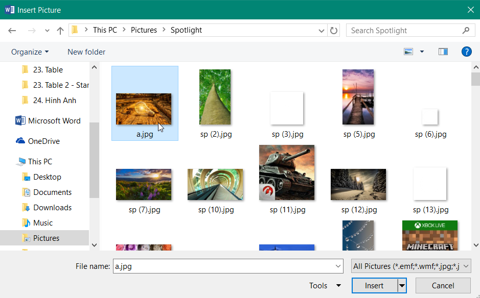 Chọn ảnh cần thêm từ hộp thoại Insert picture