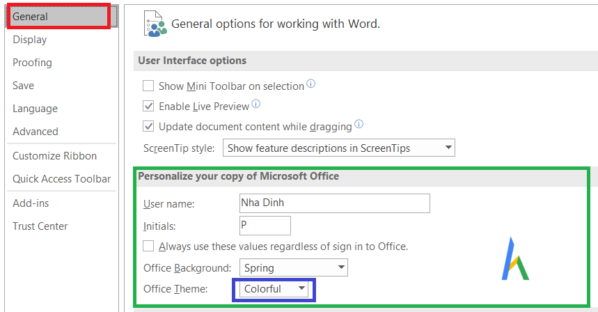 Thao tác với giao diện General nằm trong phần Word Options