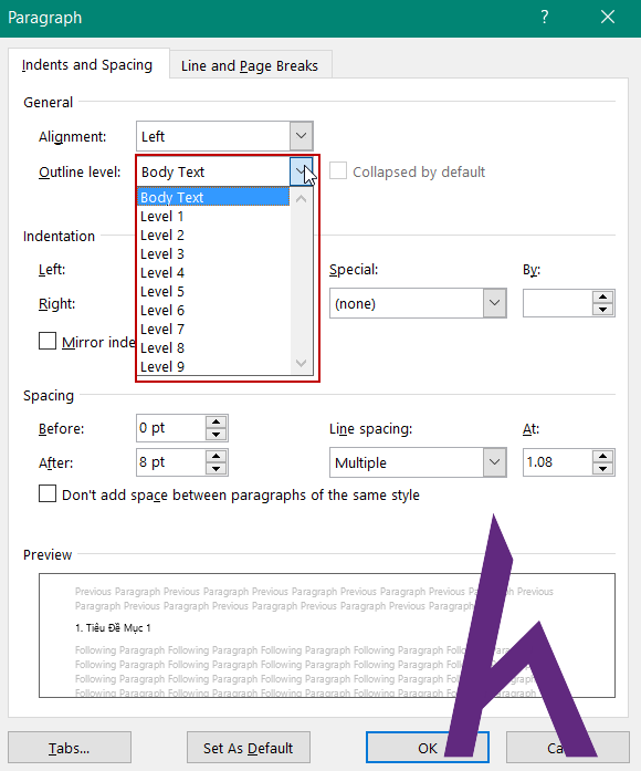 Thao tác với chức năng Outline level - Heading trong giao diện hộp thoại Paragraph