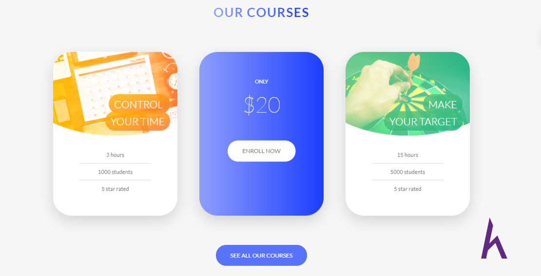 Tạo hiệu ứng Rotate cho Card Component trong Courses Section , Landing page, CSS, SASS, HTML